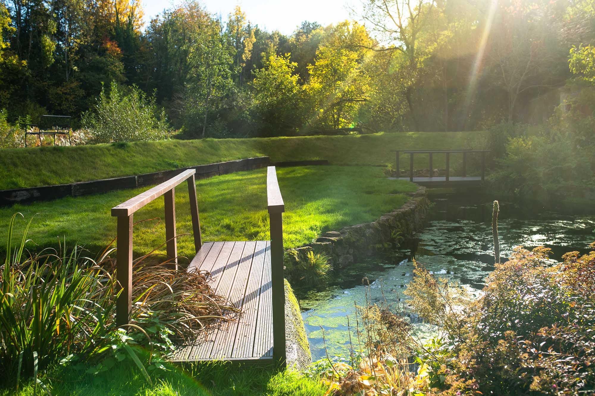 A wooden footbridge over the stream in the retreat grounds