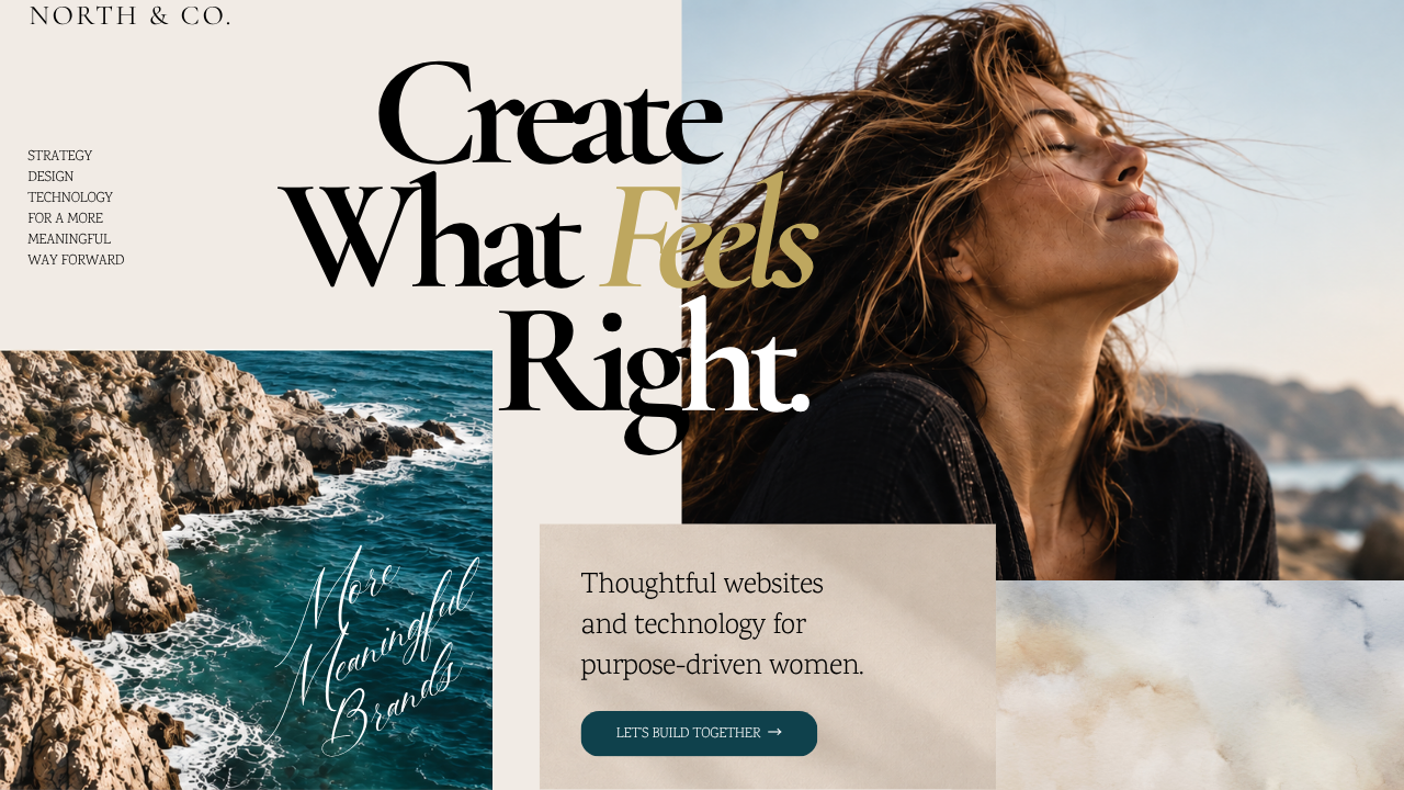 Editorial website hero design featuring an asymmetrical collage layout, coastal photography, portrait imagery and layered content areas.