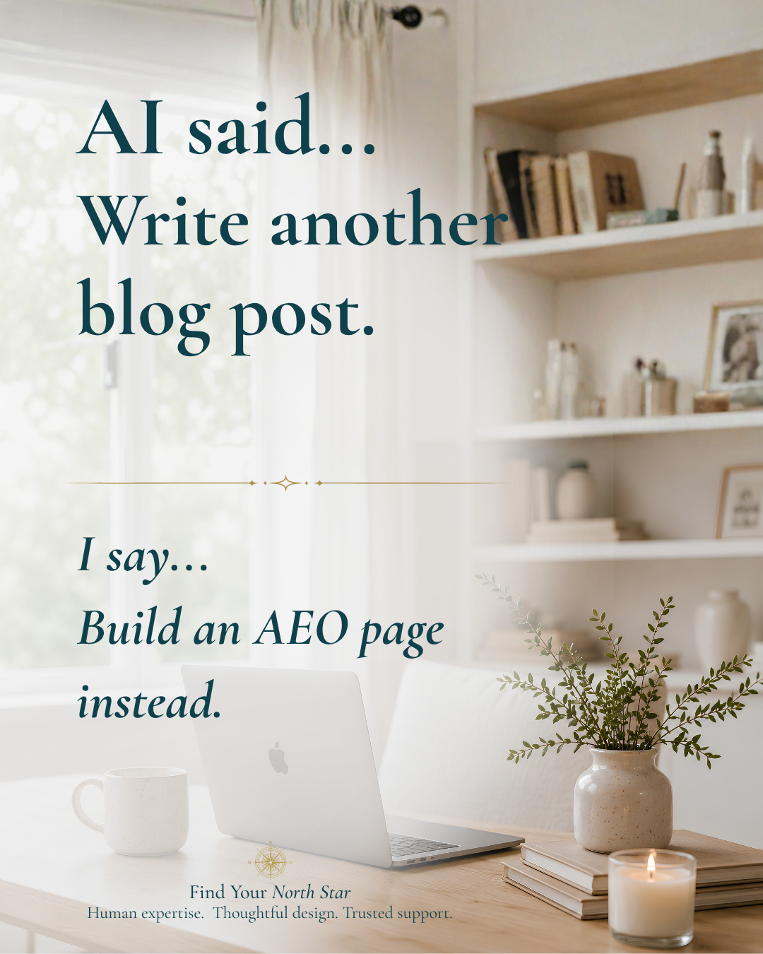 Scandinavian-style workspace graphic with text comparing writing another blog post to building an answer engine optimization page for better visibility.