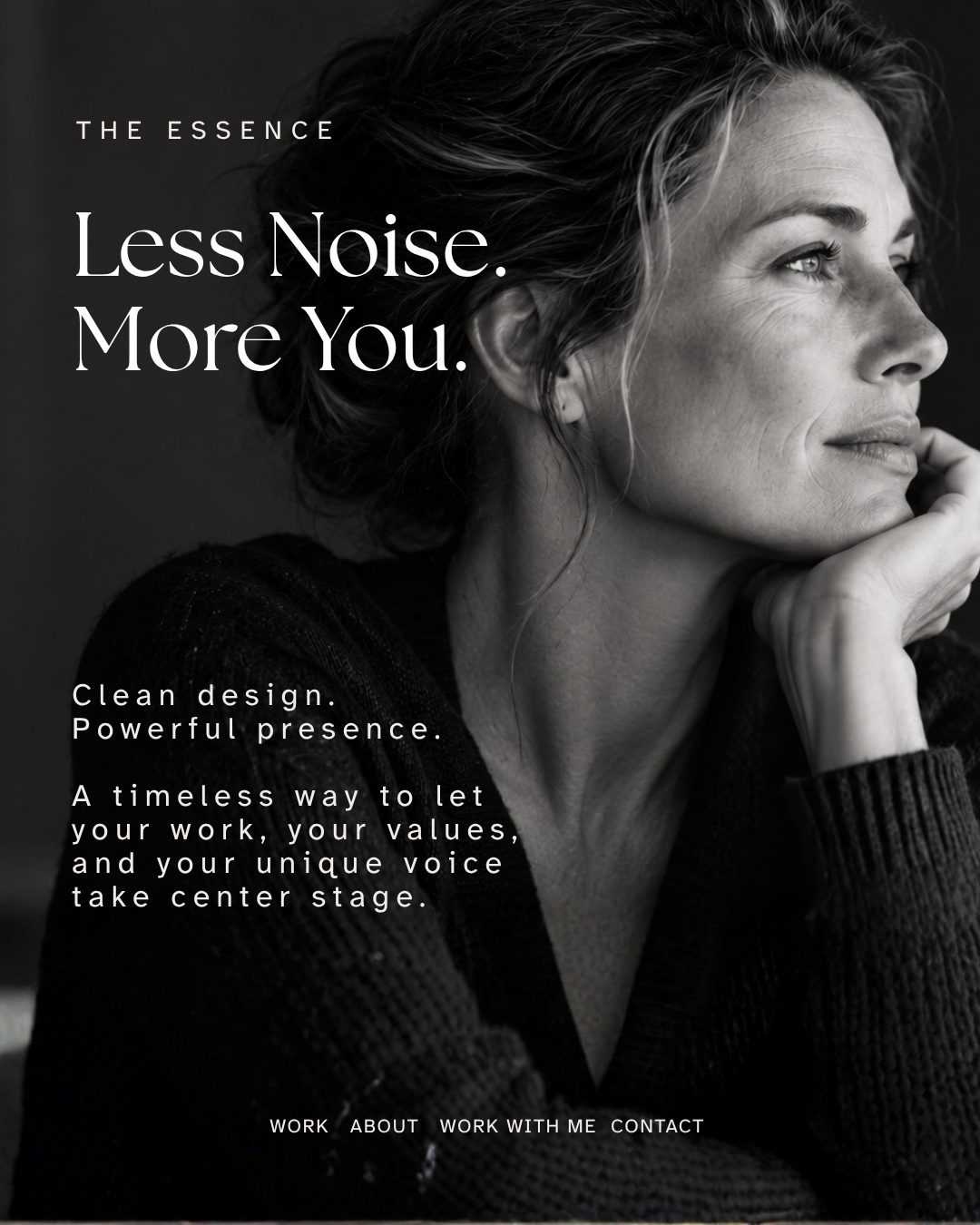 Black and white website hero design for a woman coach or consultant featuring editorial portrait photography, minimalist typography and a clean monochrome layout.