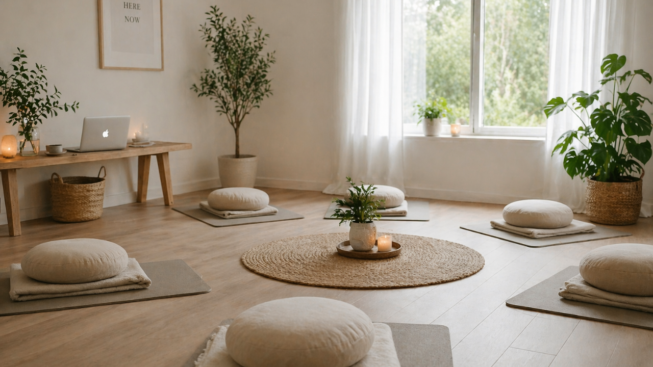 Scandinavian style retreat space prepared for a small coaching or healing group with a laptop quietly running Kajabi retreat tech in the background