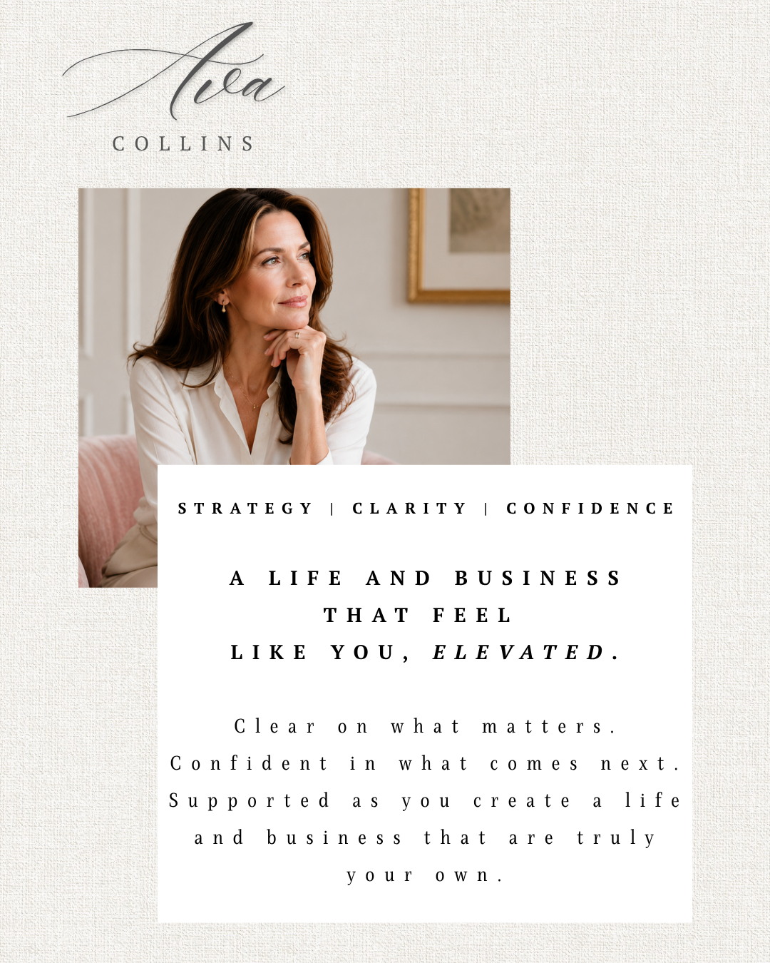 Clean classic website hero for a life and business strategist with editorial portrait photography, refined typography and an elegant neutral palette.