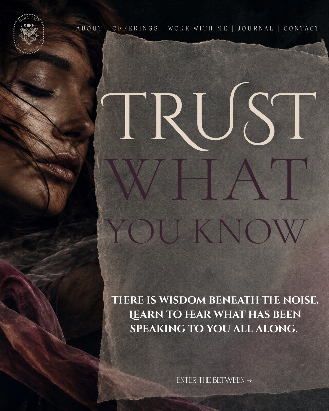 Mystical spiritual practitioner website hero with jewel-tone photography, translucent vellum overlay and editorial typography.