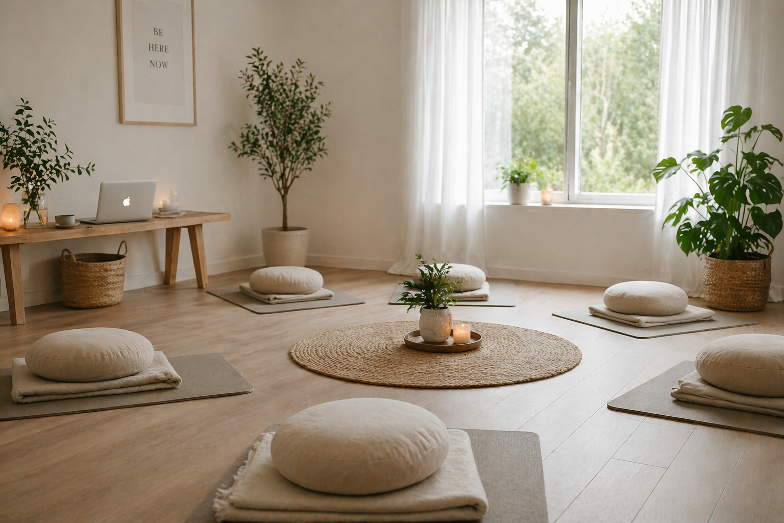 Scandinavian style retreat space prepared for a small coaching or healing group with a laptop quietly running Kajabi retreat tech in the background