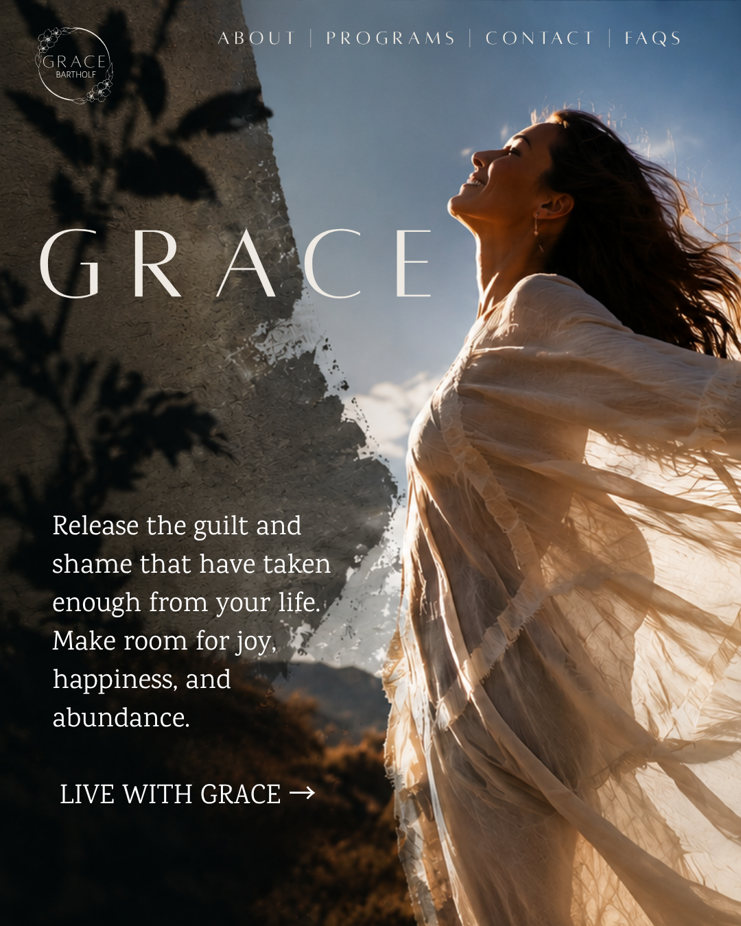 Custom life coach website hero design with full-screen photography, oversized editorial typography and warm neutral colors.