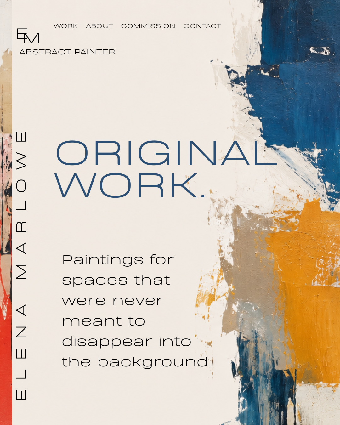 Artist website hero design with abstract artwork, asymmetrical gallery layout, modern typography and generous white space.