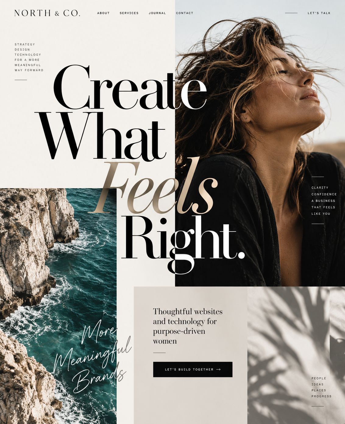 Botanical business website hero with oversized typography, hummingbird and flower imagery, layered composition and soft pink background.