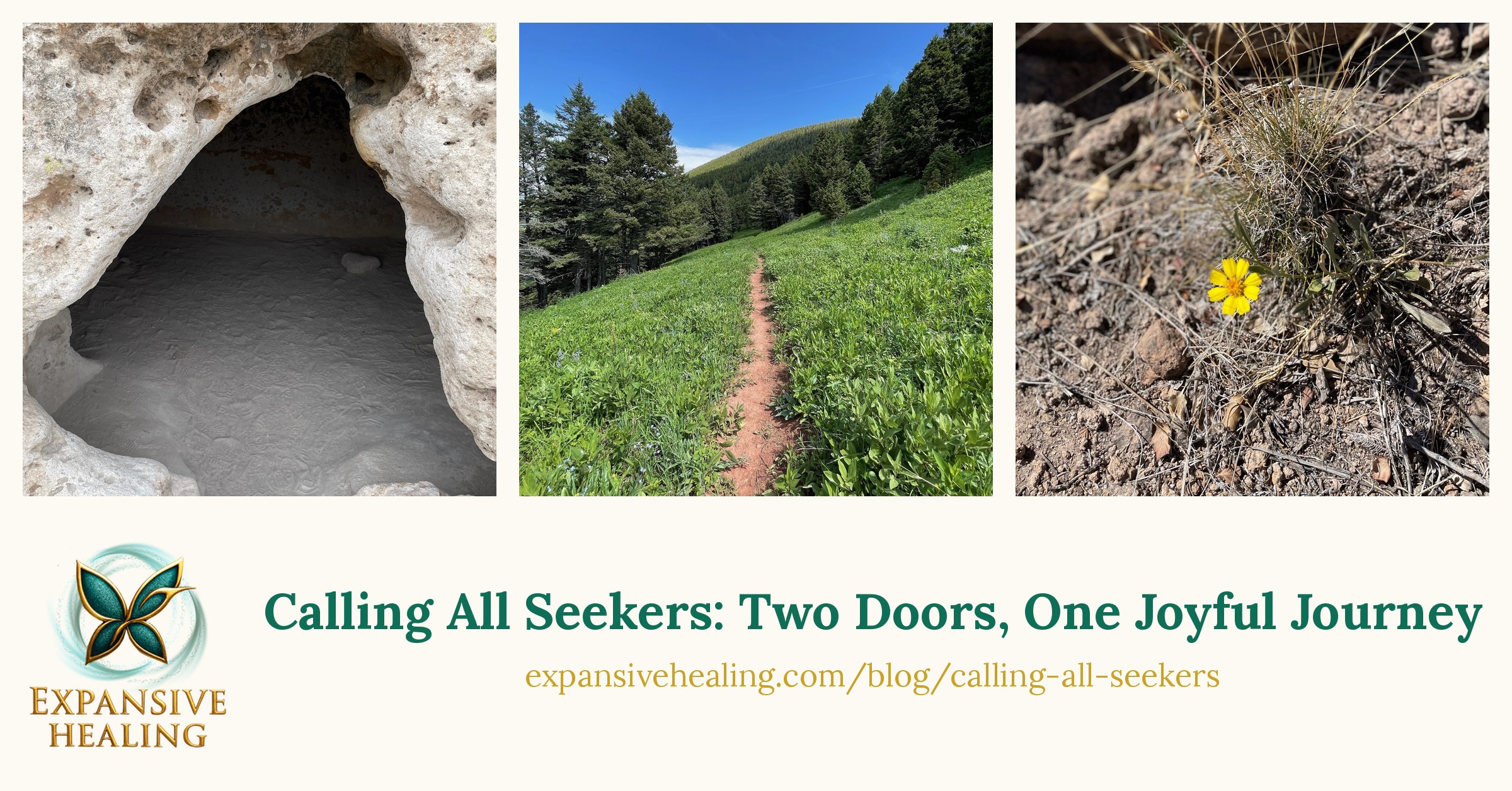 Three photos side by side: a carved stone cave doorway at Bandelier National Monument, New Mexico; a narrow trail climbing through a green meadow on Langohr Ridge Trail, Hyalite, Montana; and a single yellow wildflower blooming through dry ground in the Santa Fe National Forest. Below, the Expansive Healing logo and the title Calling All Seekers: Two Doors, One Joyful Journey, expansivehealing.com/blog/calling-all-seekers.