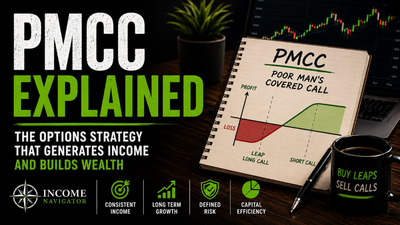 Poor Man's Covered Call (PMCC) strategy — notepad sketch of the diagonal spread payoff with LEAP long call and short call, on a trader's desk