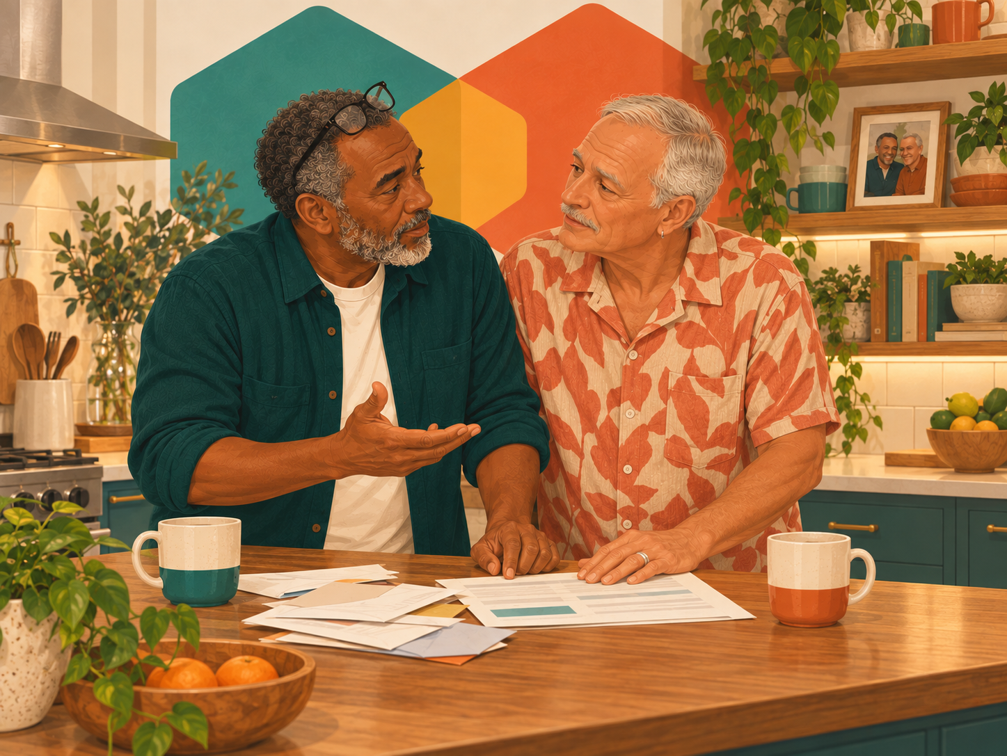 Illustration of an older couple, two men, standing close at a kitchen island reviewing a financial statement together