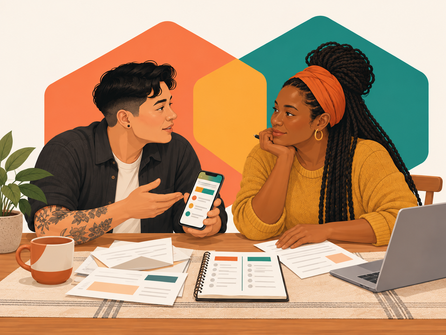 Illustration of two partners at a kitchen table reviewing a banking app, bills, and a notebook together