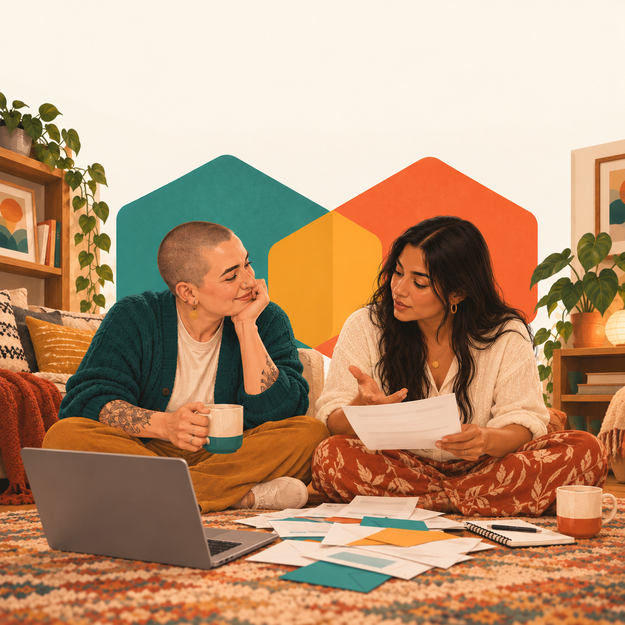 Illustration of two women sitting on a living room rug with a laptop, bills, and a notebook, one listening while the other explains