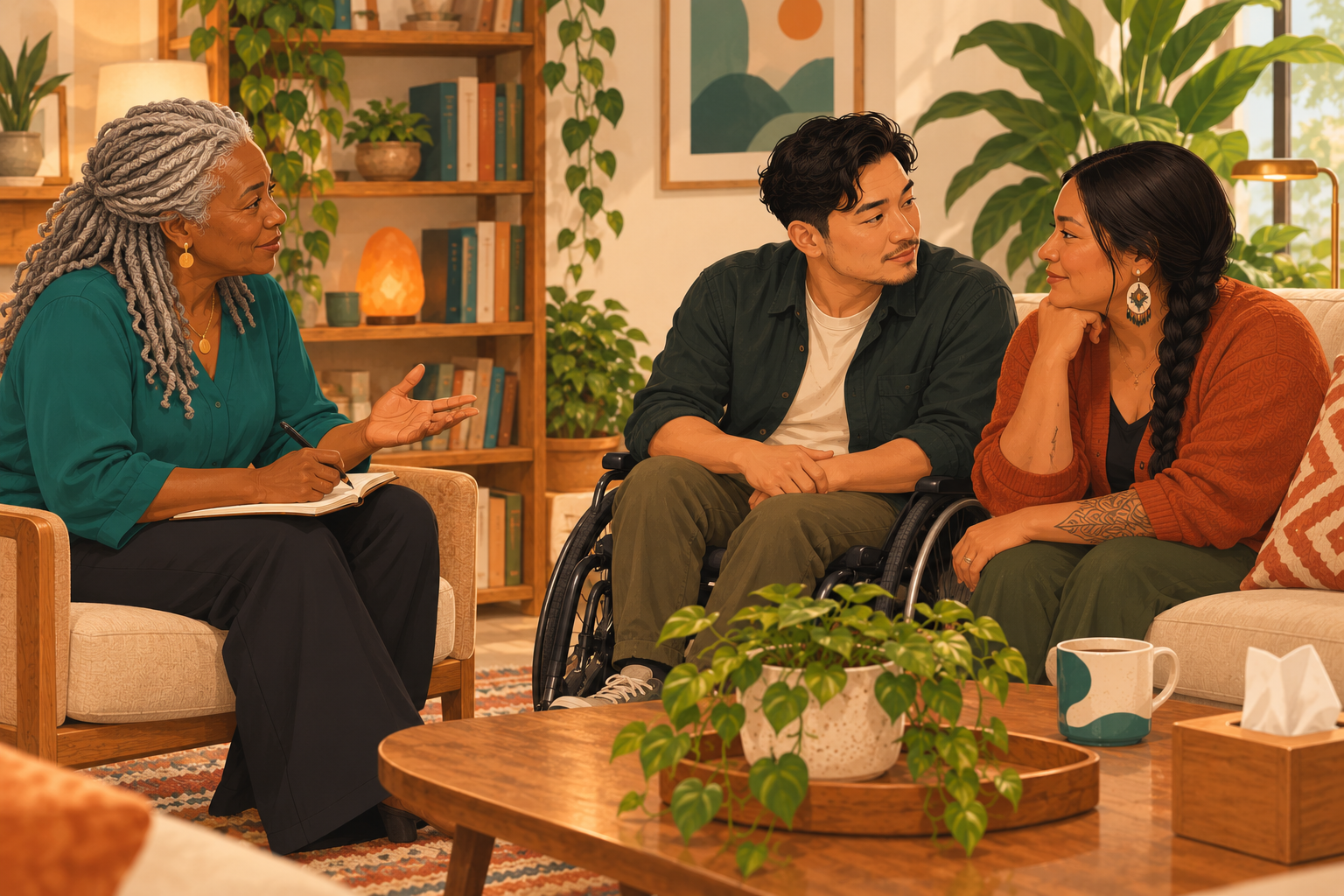 Illustration of a therapist with silver locs meeting with a couple, one partner using a wheelchair, the couple turning toward each other