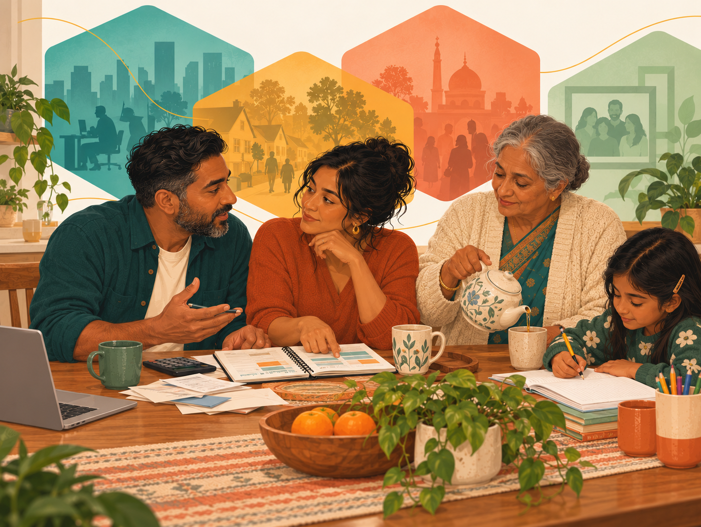 Illustration of a multigenerational family at a kitchen table, a couple discussing a budget while a grandmother pours tea and a child does homework, with city and community silhouettes behind them