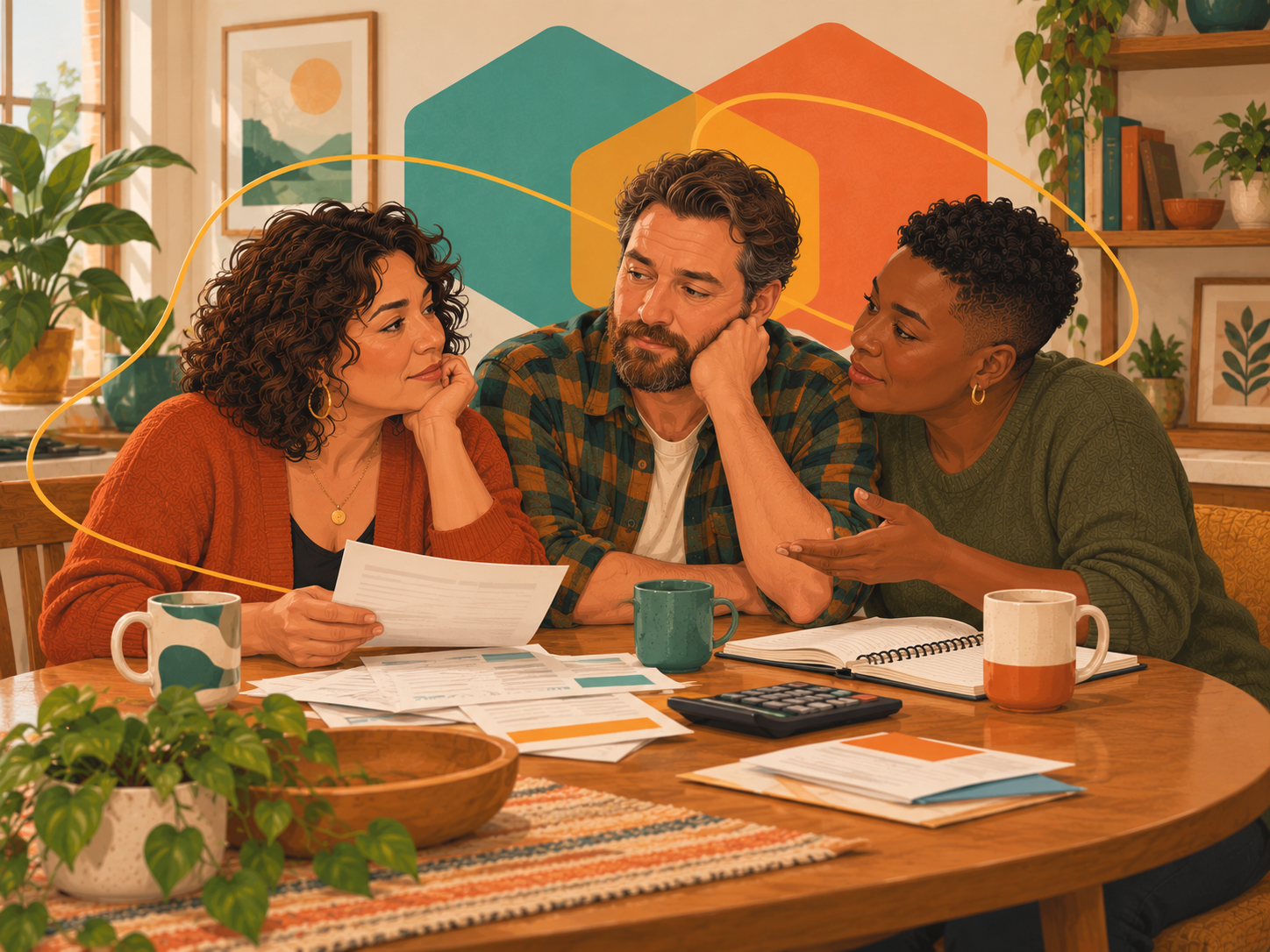 Illustration of three partners at a table with bills and a calculator, a looping line around them suggesting a repeating pattern