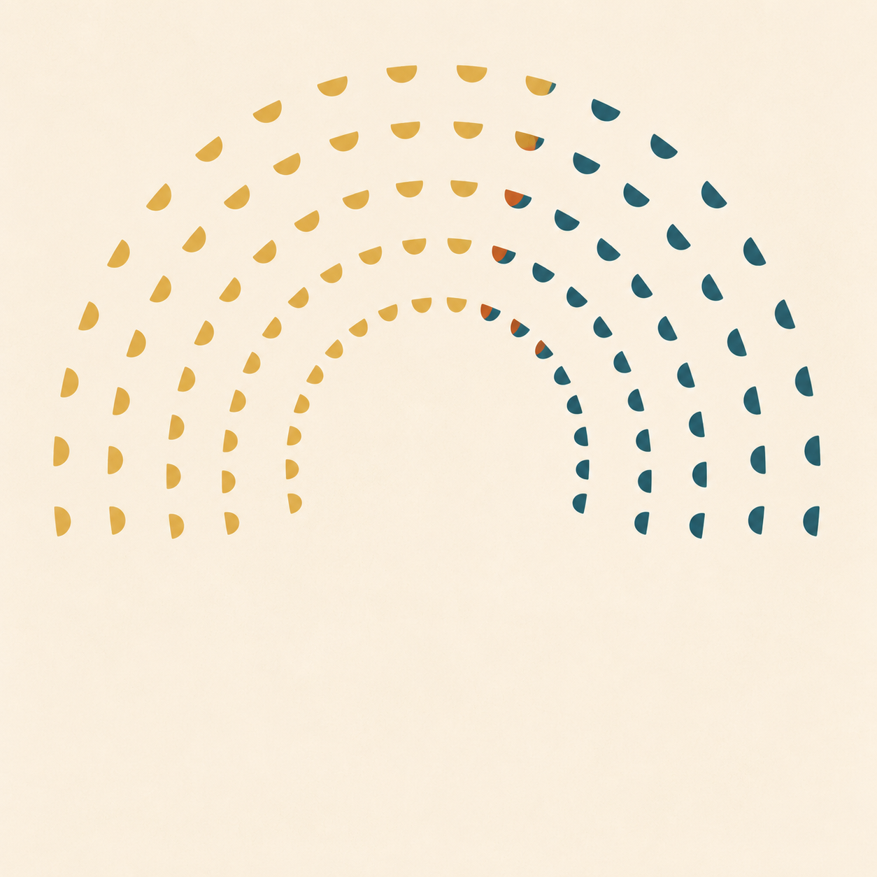 Two grids of half-circle shapes, one evenly spaced and one varied, in Lovewell gold and teal