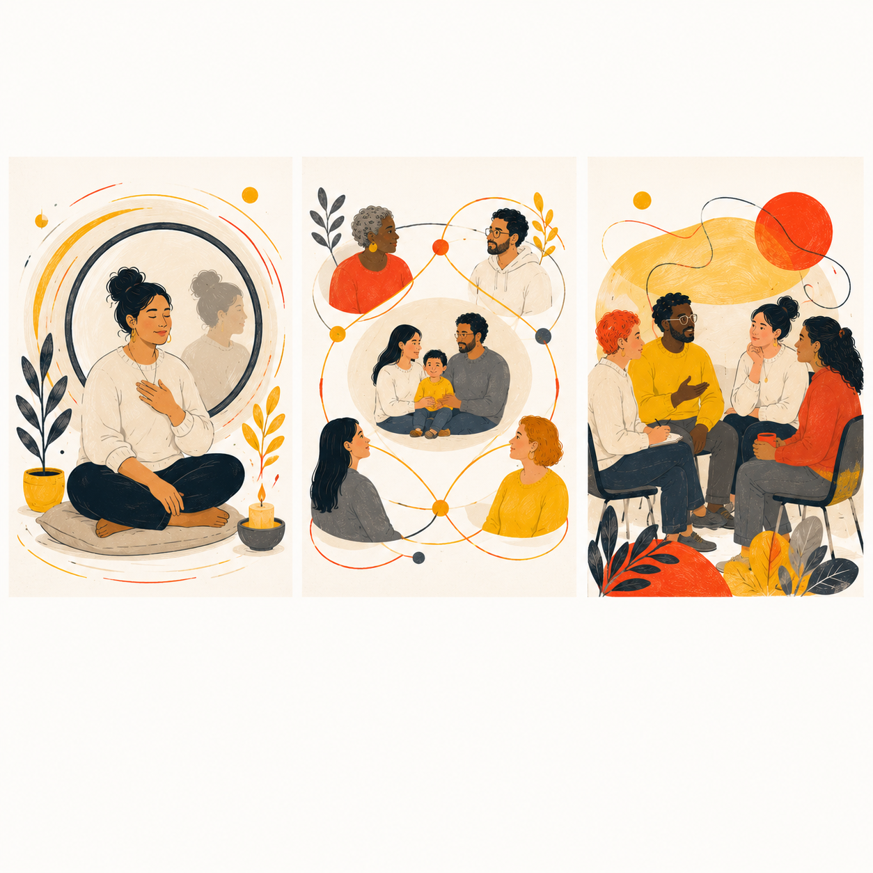 Three-panel illustration: a supervisor in reflective practice, a connected supervisory system, and a reflecting team in conversation