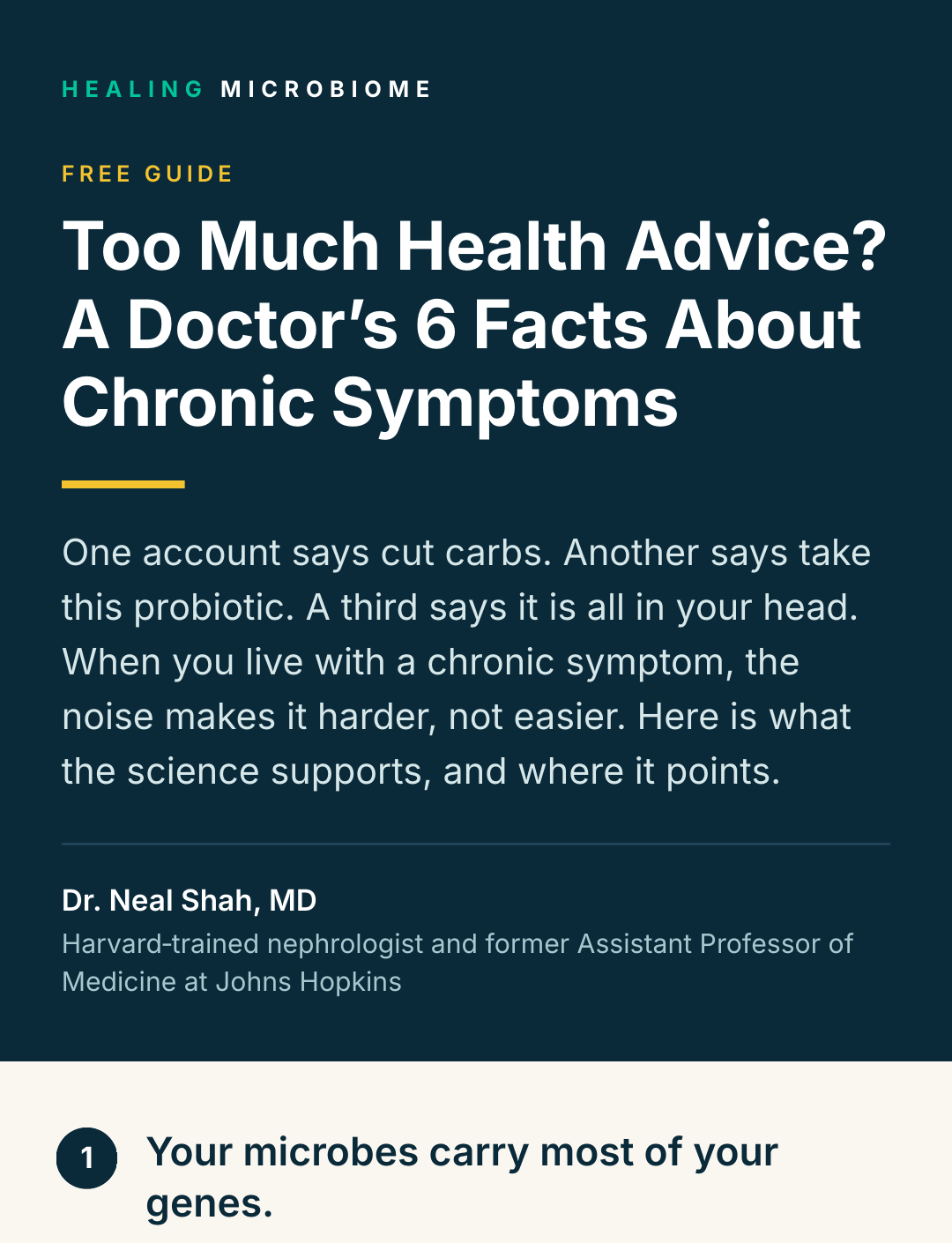 Cover of the free guide: Too Much Health Advice? A Doctor’s 6 Facts About Chronic Symptoms