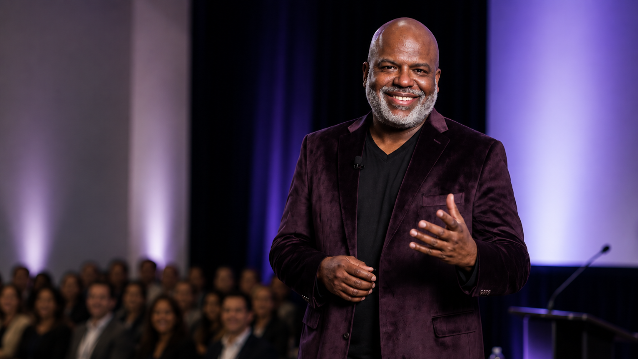 Jerald Cosey speaking on stage at a healthcare leadership conference, representing what makes a great healthcare keynote speaker