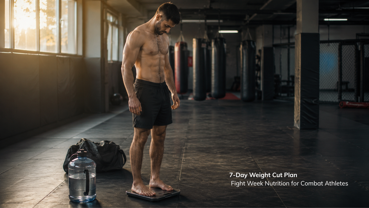 MMA fighter standing on a scale during fight week in a gym with a water jug and gym bag nearby