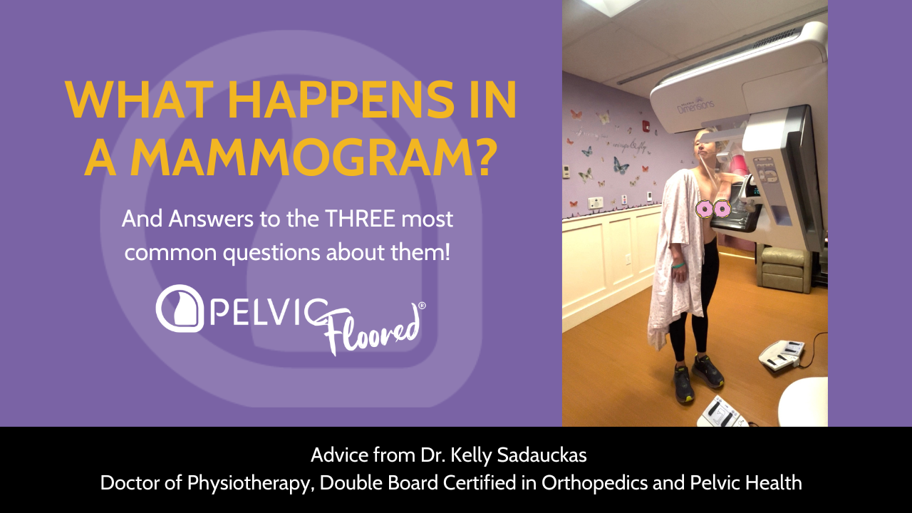 Image is Orange Text with "What Happens in a mammogram?" with white text "& answers to the THREE most common questions", next to an image of Dr. Kelly in her hospital gown, actually getting a mammogram.