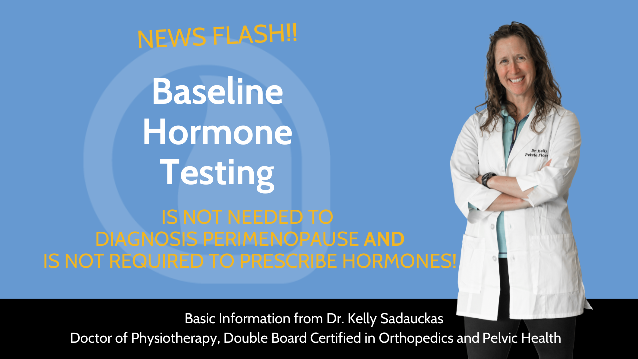 Image of Dr. Kelly in her white lab coat, relaxed curly hair, and text to the left reading " NEWS FLASH!  Baseline Hormone Testing is NOT needed to diagnose perimenopause and is not required to prescribe hormones"