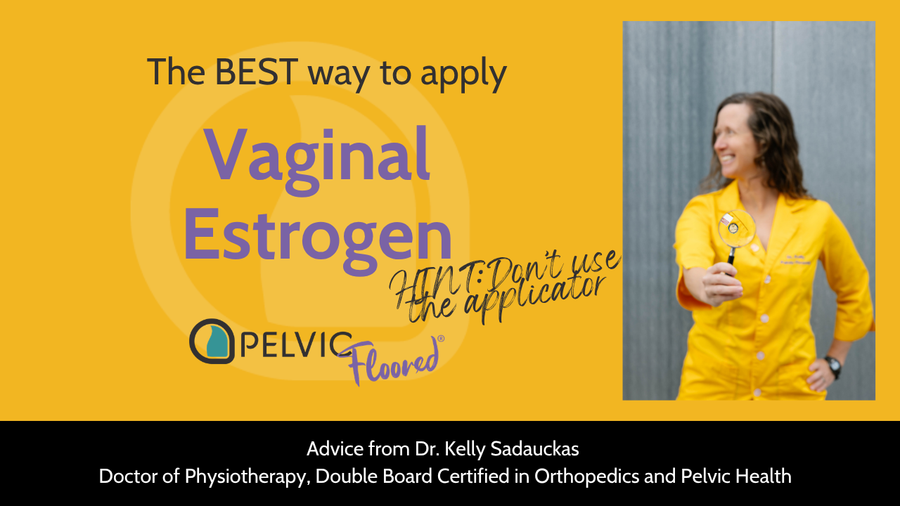 Dr. Kelly in her yellow lab coat stands with a magnifying glass, and looks towards the text "The BEST way to apply vaginal estrogen (Hint don't use the applicator)"