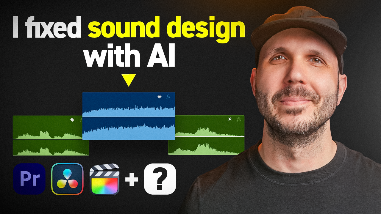Video editor using AI sound effects finder tool in Premiere Pro timeline with ocean sunset footage