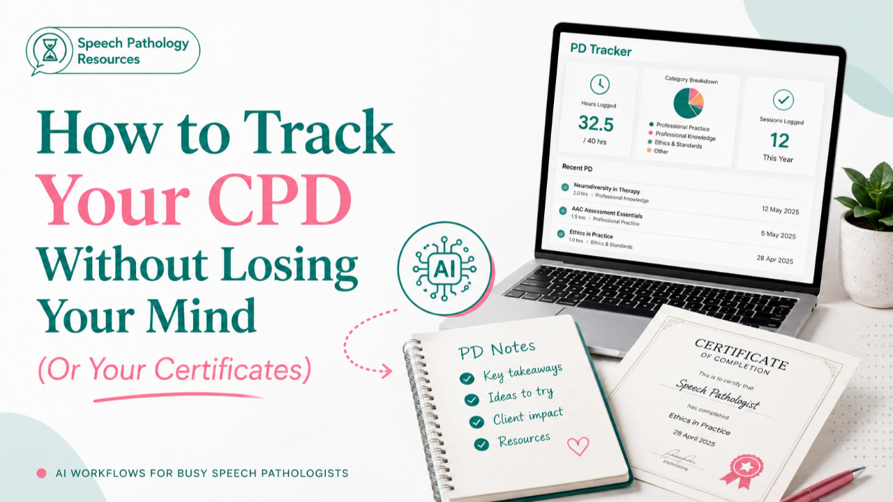  Speech pathologist logging CPD hours using an AI tool on a laptop