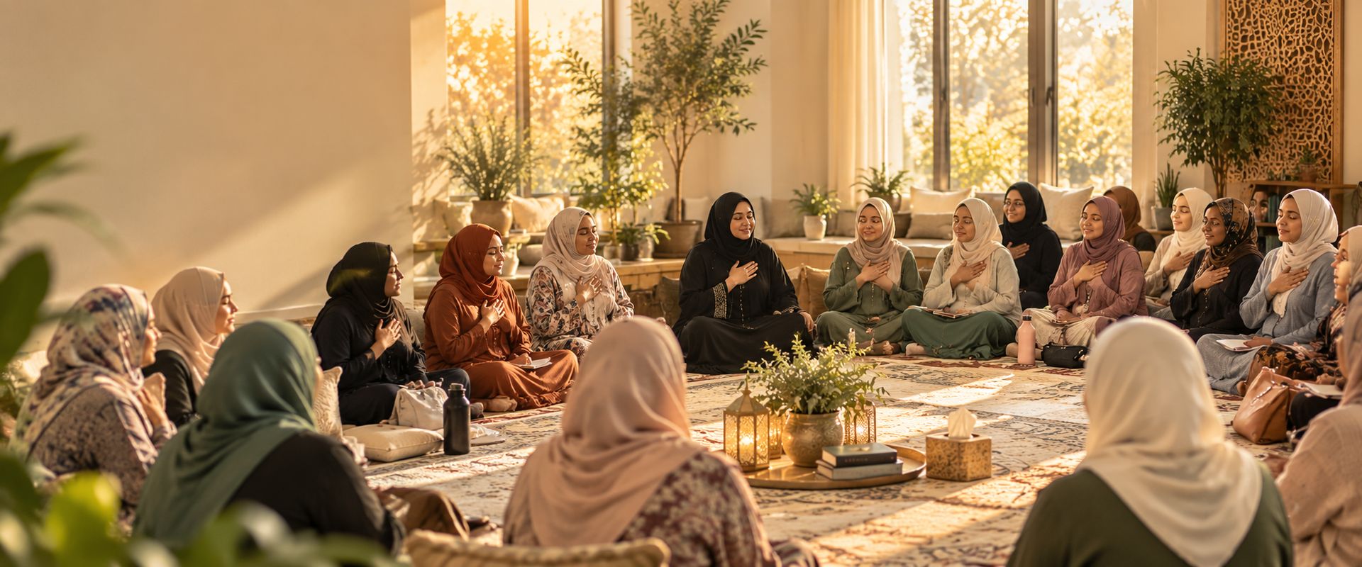 Muslim women sitting in a circle with their hands on their hearts at The Hope Workshop