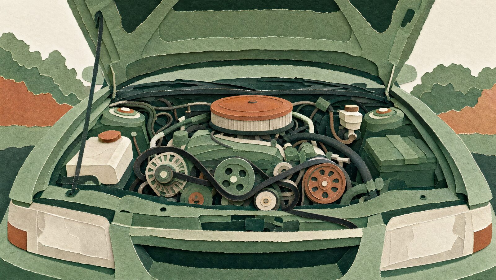 A cut-paper car with the hood up, showing the engine and its belts