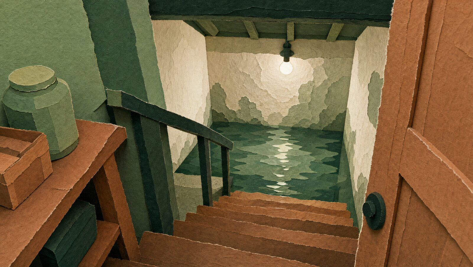 A cut-paper basement with standing water and an unrepaired leak overhead