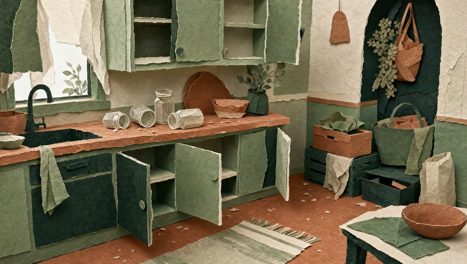 A cut-paper kitchen with every cupboard standing open, jars emptied and crumbs across the floor