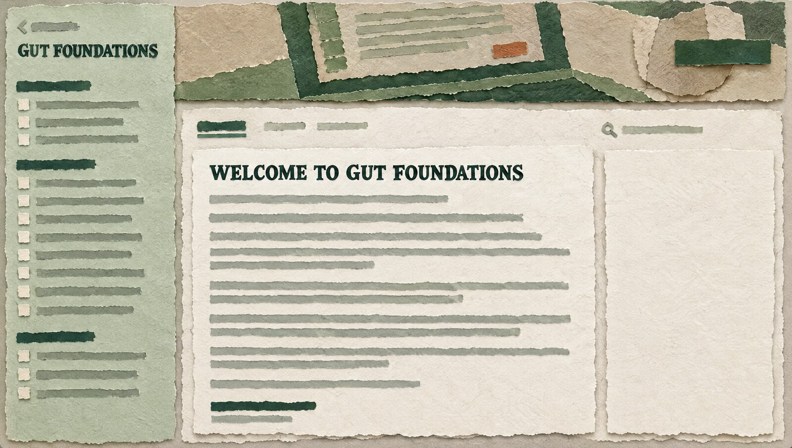 The Gut Foundations course dashboard rendered in cut paper, showing the lesson list down the left and the welcome page beside it