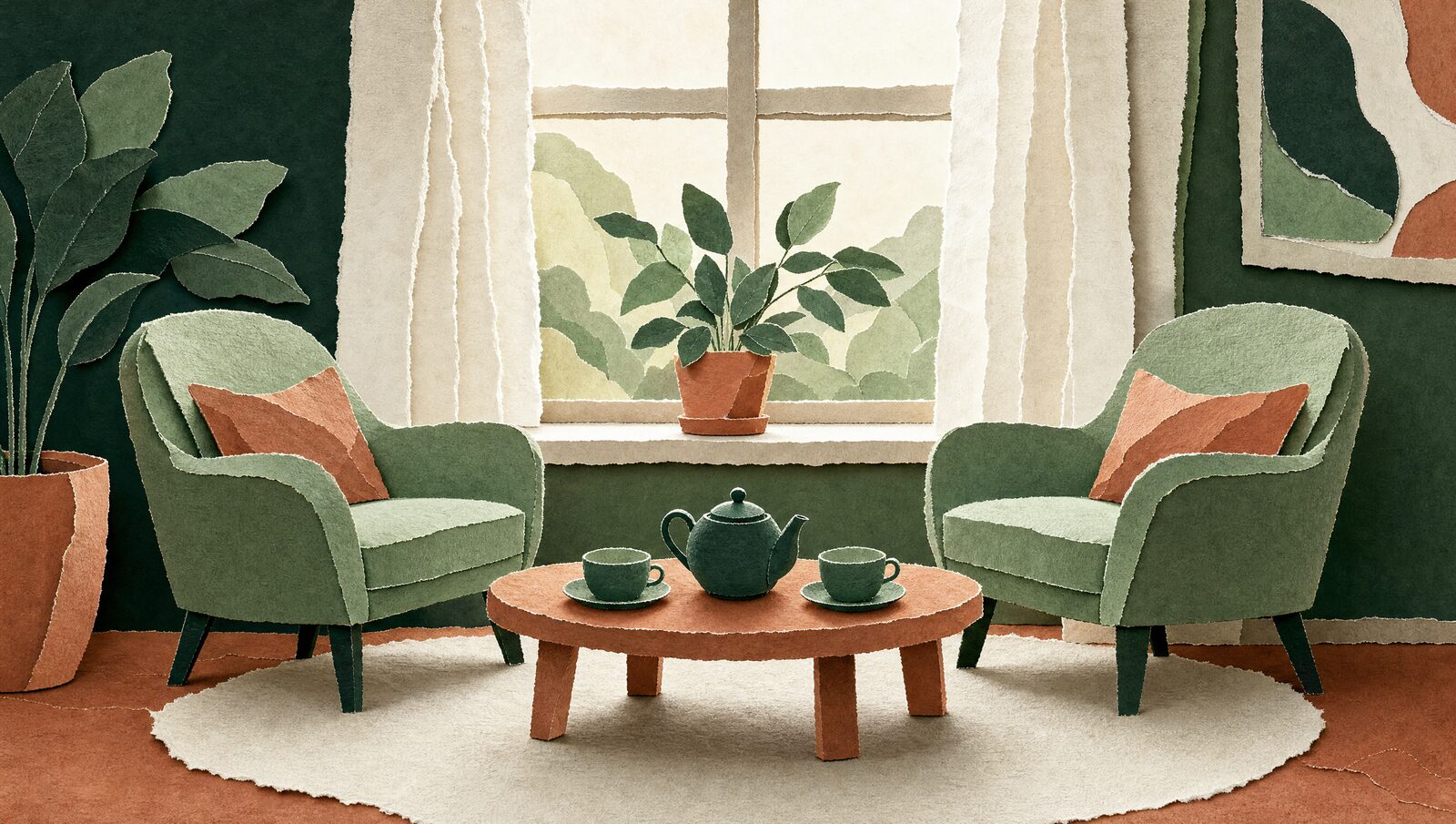 A cut-paper scene of two chairs turned toward each other, set up for a conversation
