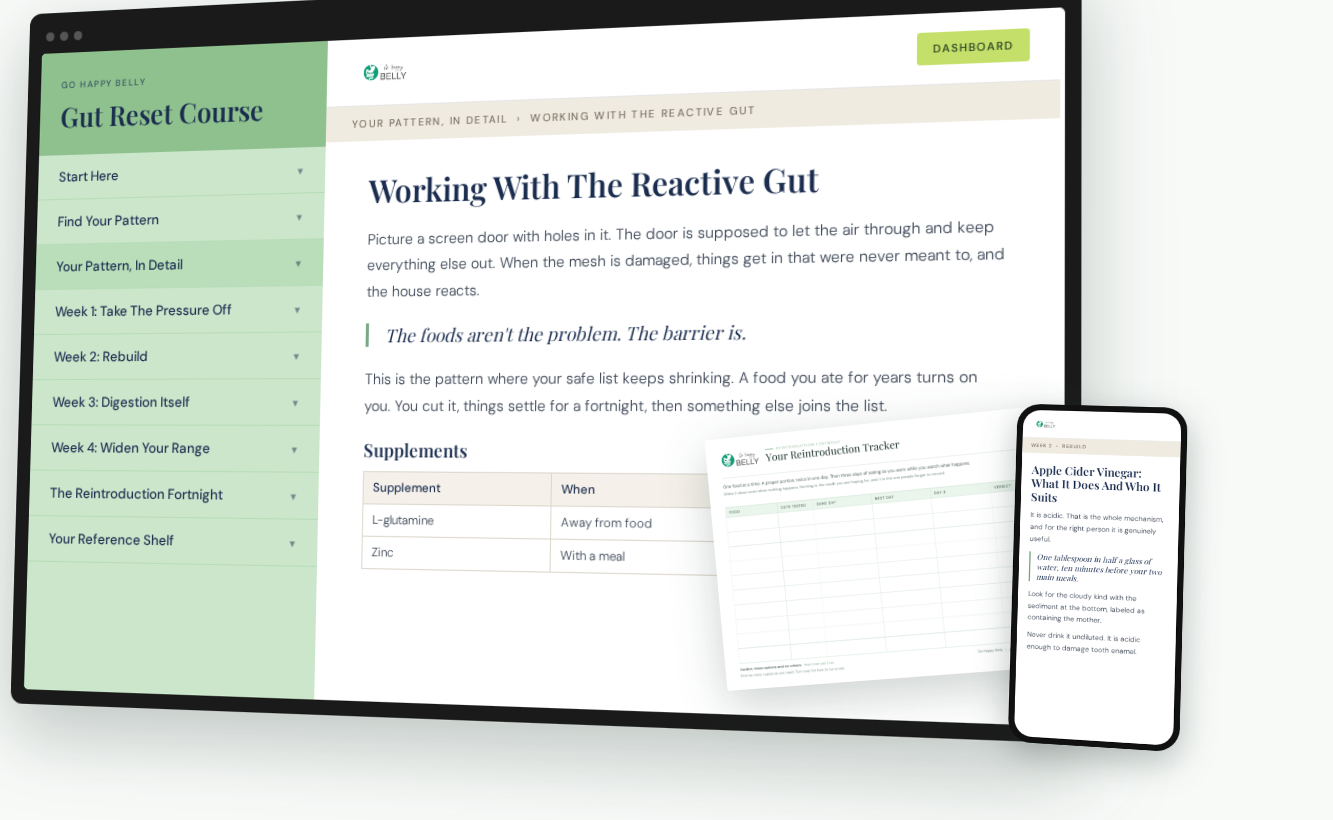 The Gut Reset Course on desktop and mobile, with the printed reintroduction tracker