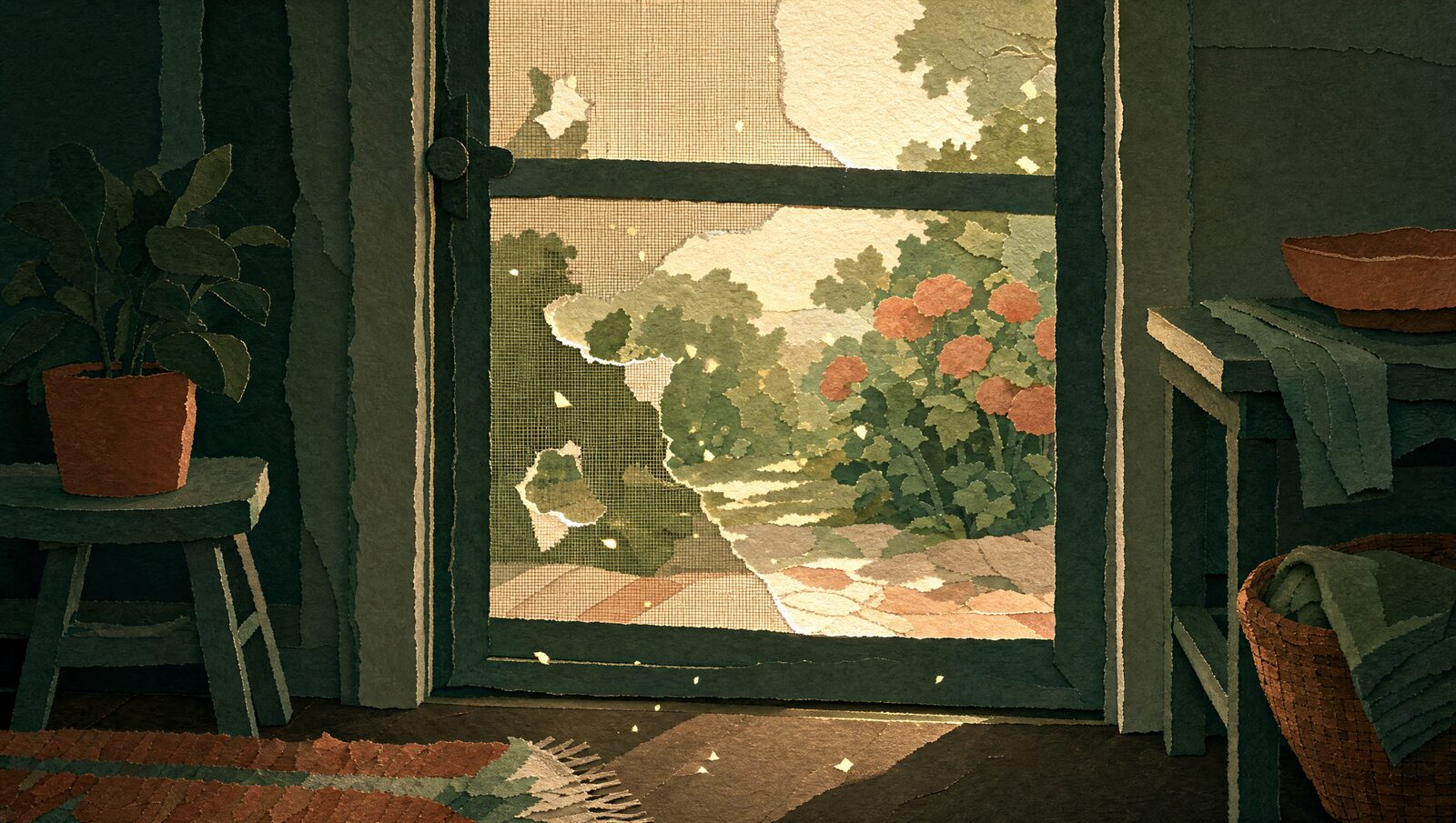 A cut-paper screen door with the mesh torn open