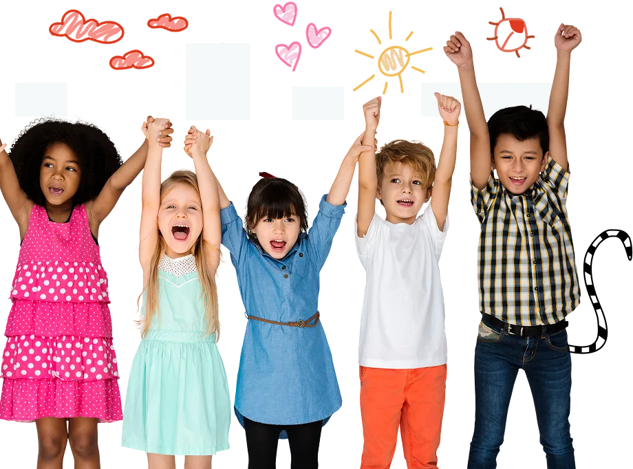 Five happy children raising their arms, Darija course for kids