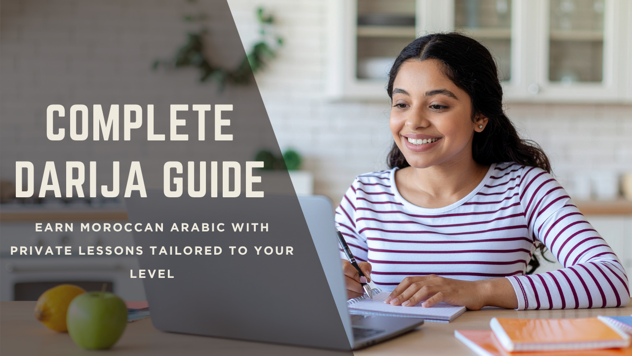 Student learning Darija online with laptop and Moroccan Arabic lesson