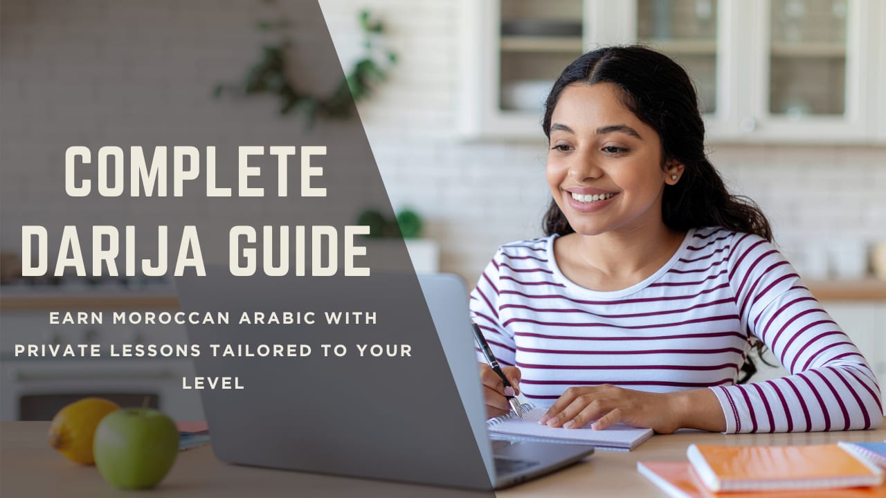 Student learning Darija online with laptop and Moroccan Arabic lesson
