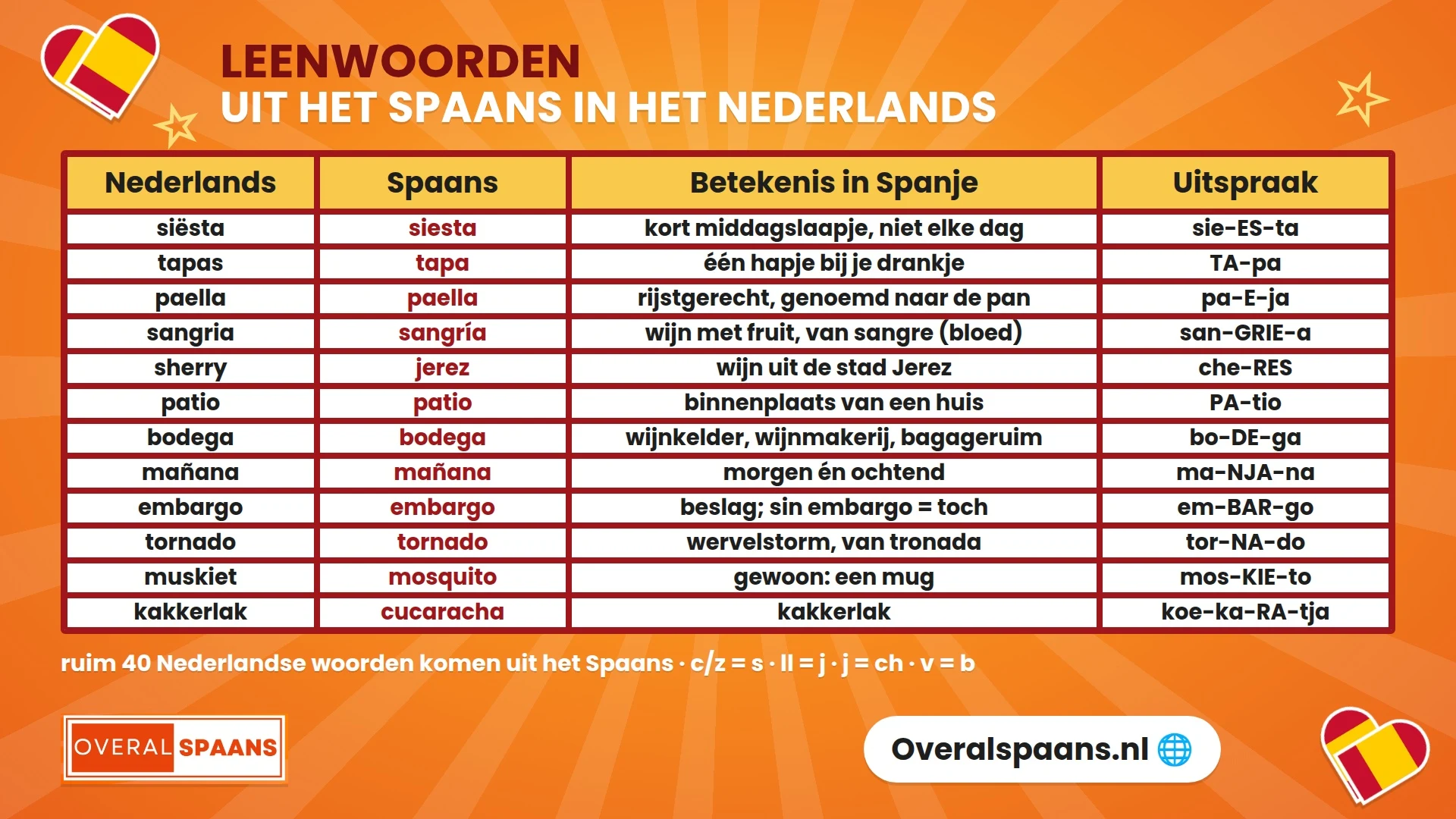 Infographic Spaanse leenwoorden in het Nederlands: siësta, tapas, paella, sangria, bodega, mañana, embargo en kakkerlak met het Spaanse woord, de betekenis in Spanje en de uitspraak