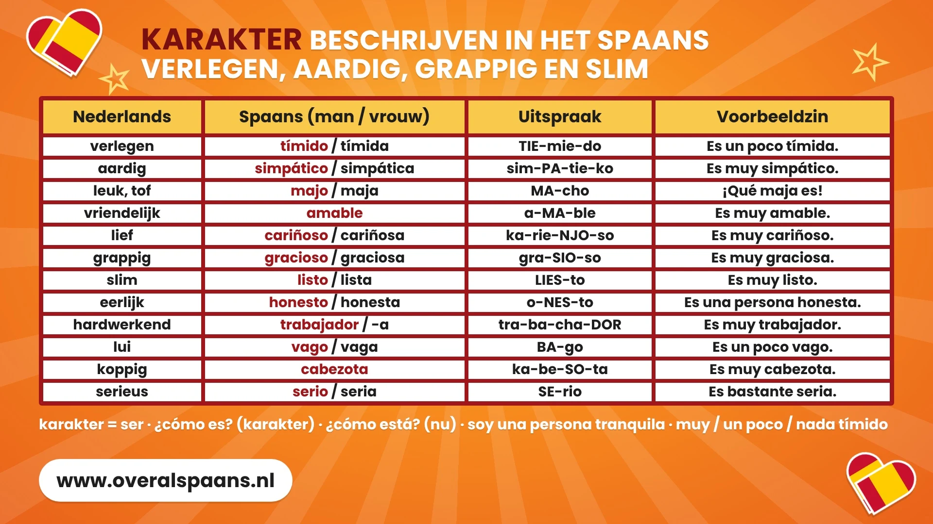 Infographic karakter beschrijven in het Spaans: verlegen, aardig, leuk, lief, grappig, slim, eerlijk, lui, koppig en serieus met de mannelijke en vrouwelijke vorm, uitspraak en een voorbeeldzin met ser