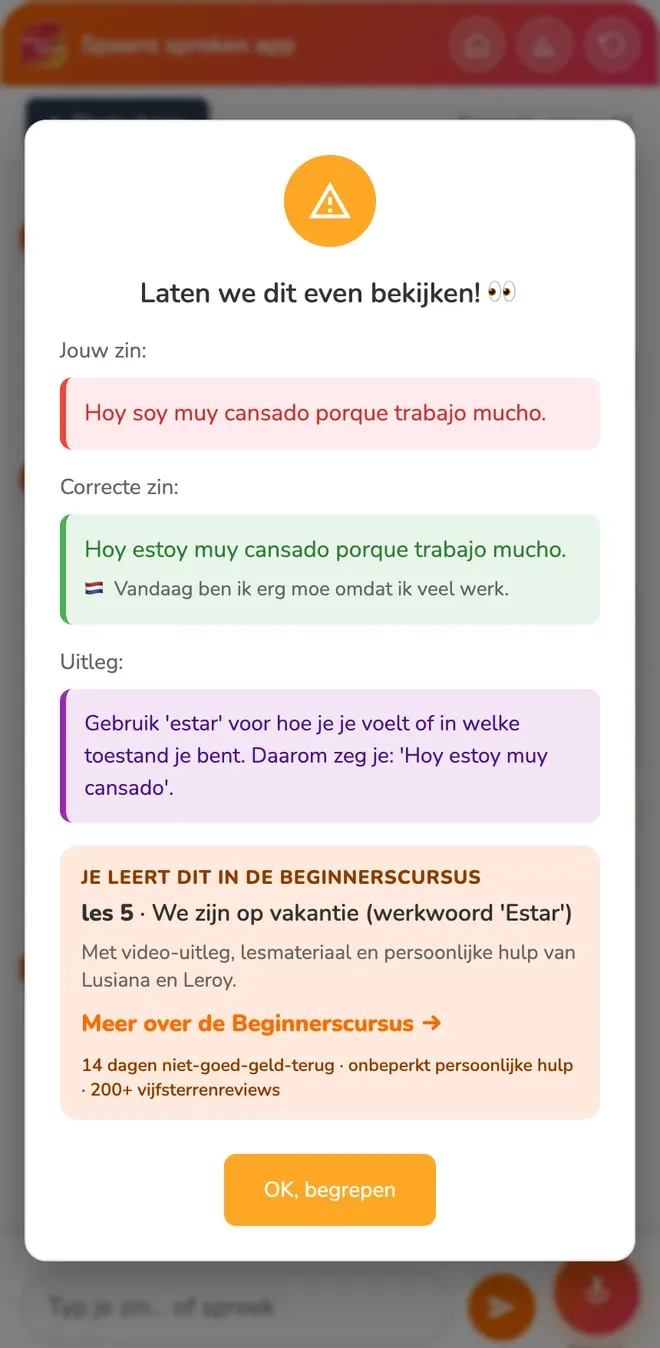 De uitleg in het Nederlands bij een verbeterde zin, met verwijzing naar les 5 van de Beginnerscursus