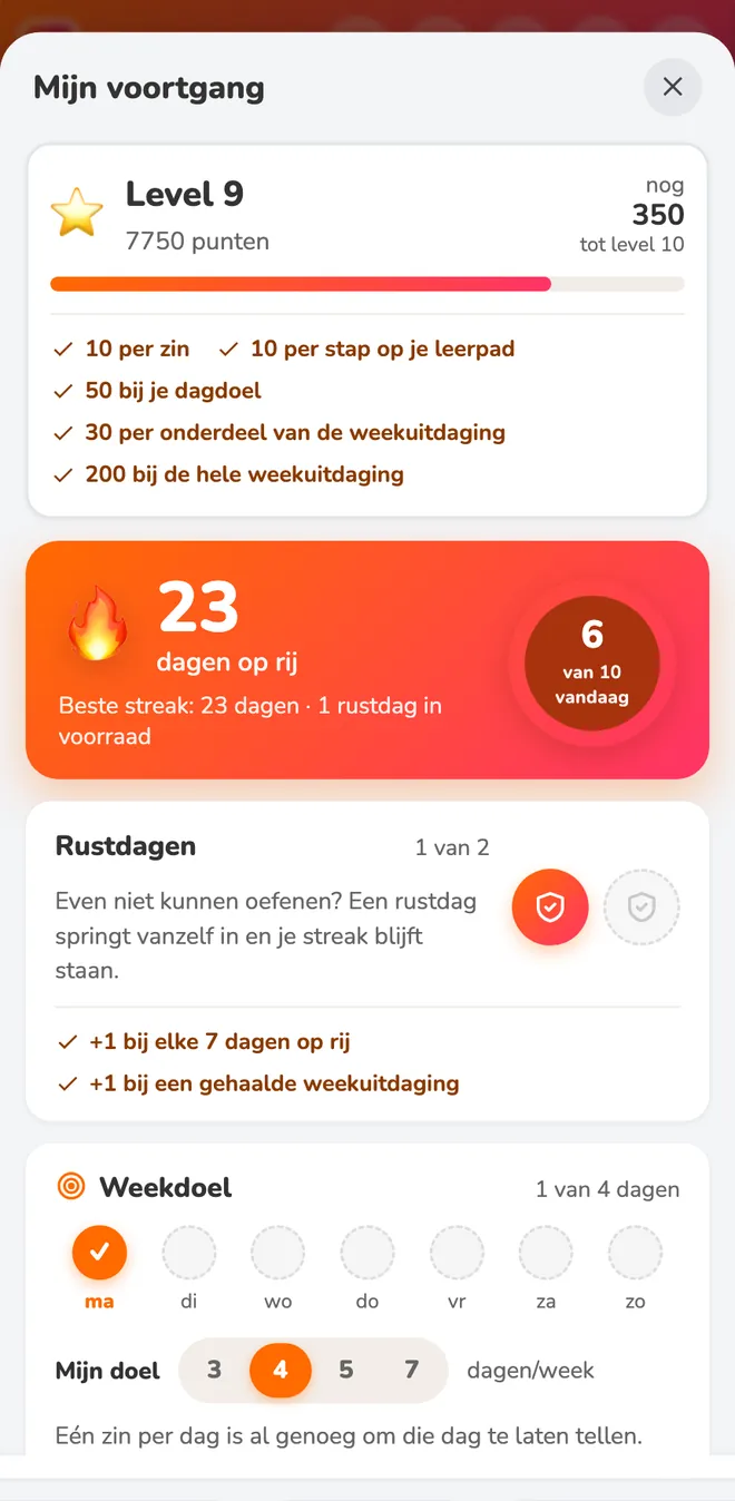 Voortgangsscherm met level 9, 23 dagen op rij, een rustdag in voorraad en het weekdoel