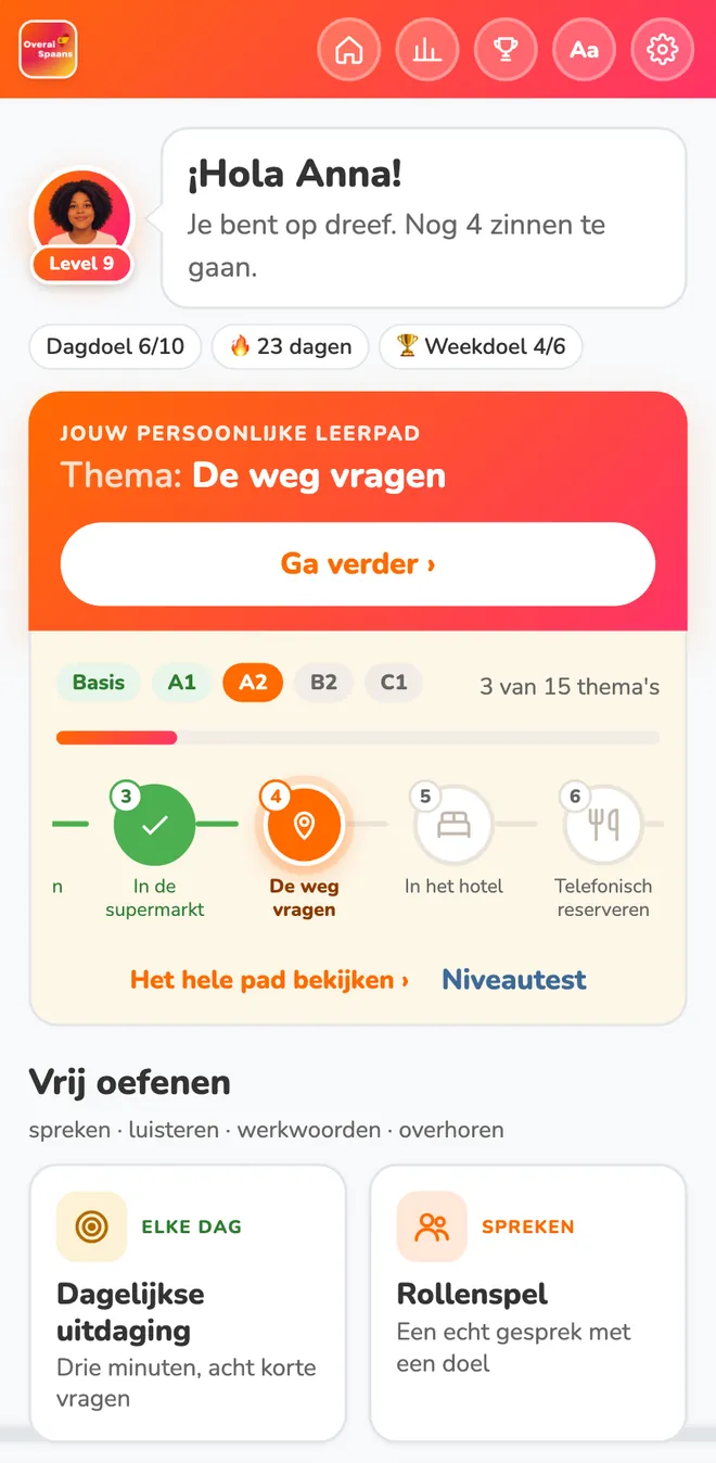 Het startscherm van de Spaans spreken app met je persoonlijke leerpad, dagdoel en dagen op rij