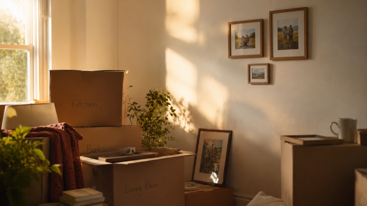 boxes and wall hangings in a living room