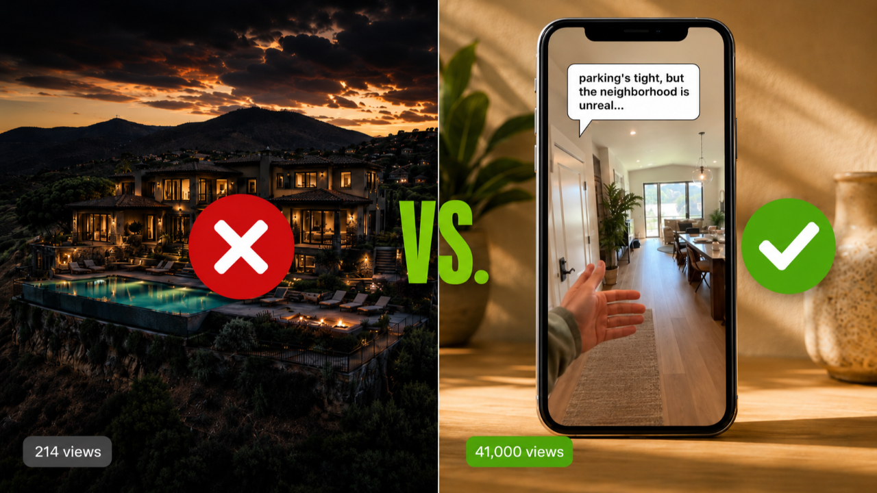 Split image comparing a cinematic drone real estate video marked with a red X and 214 views, versus a casual iPhone walkthrough marked with a green checkmark and 41,000 views.