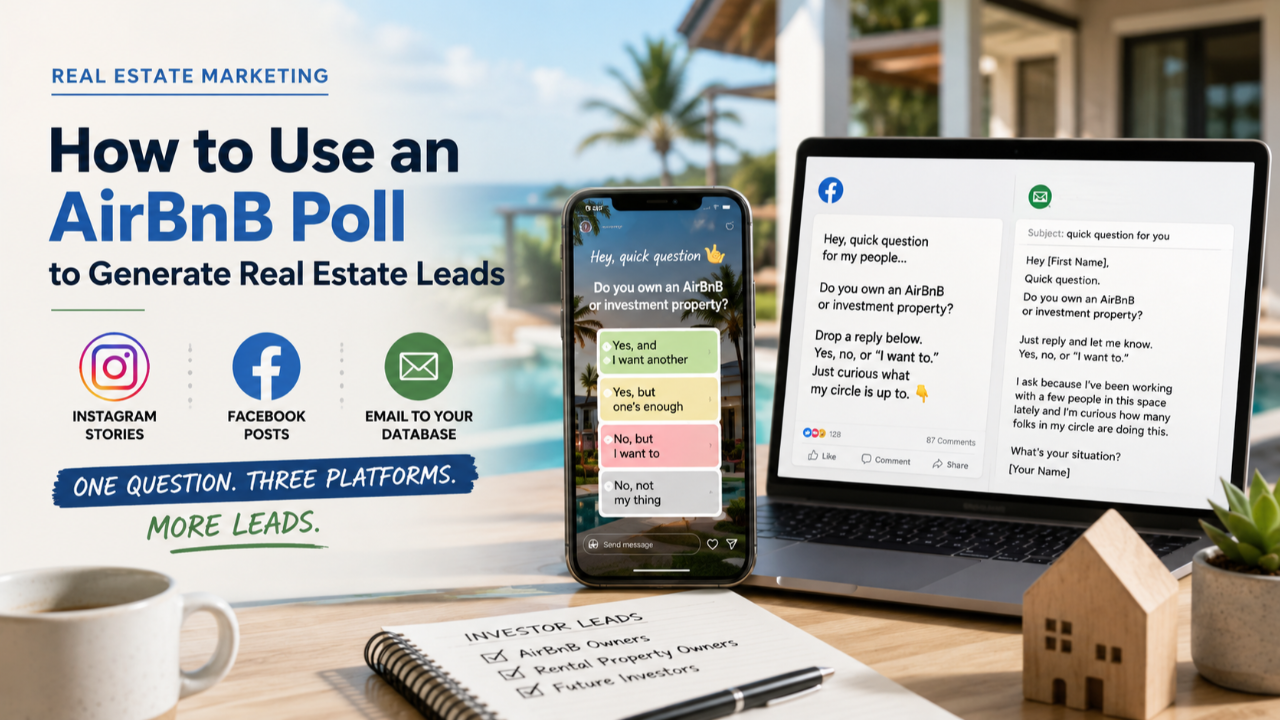 Real estate marketing blog cover about using an AirBnB poll on Instagram, Facebook, and email to find investor leads.