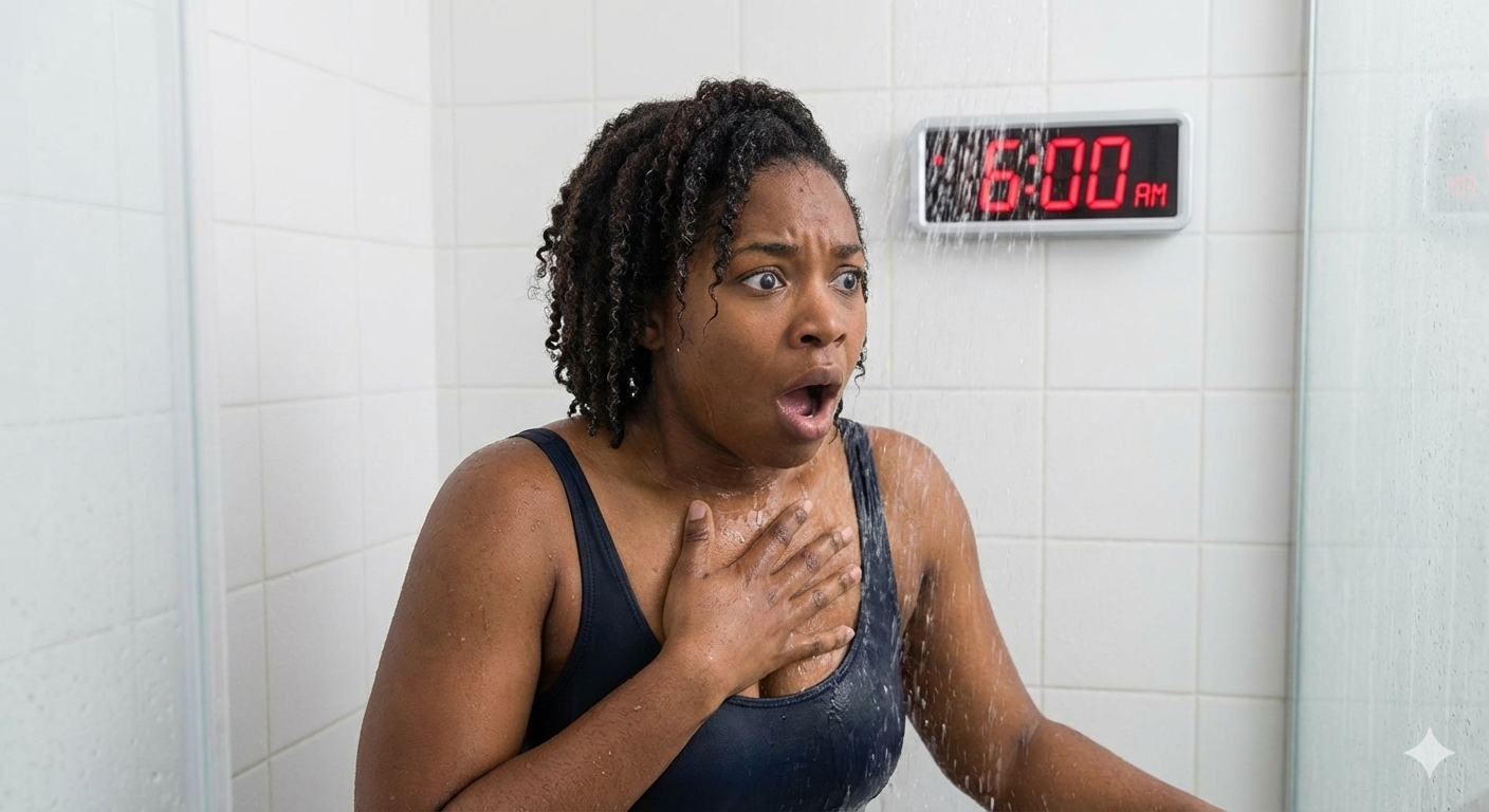 Black woman reacting to cold water in a shower with a digital clock reading 6:00 AM.