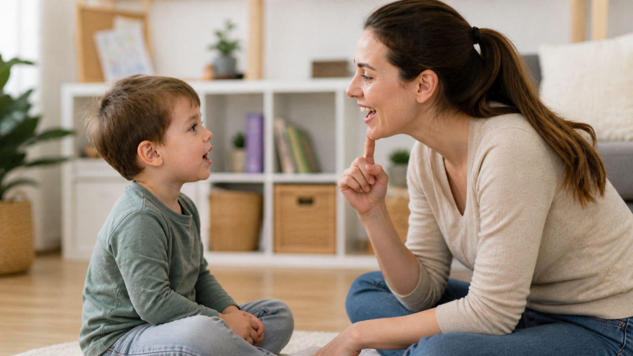 mamă care se joacă și comunică natural cu copilul pentru dezvoltarea limbajului și interacțiunii